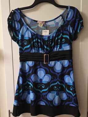 Vol 1 Scoop-Neck Floral Print Tunic with Waist Belt - Blue Size L